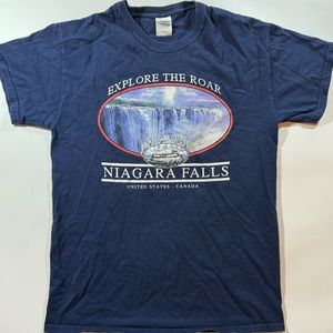 Vintage 90s Navy Blue Graphic "Niagara Falls Explore The Roar" Mens Medium Shirt